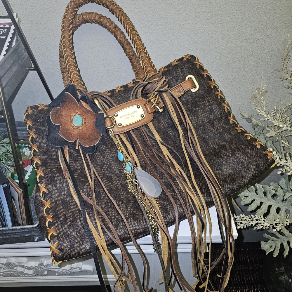 Michael Kors Brown and Tan Signature Tote Upcycled With Fringe And Floral Accent